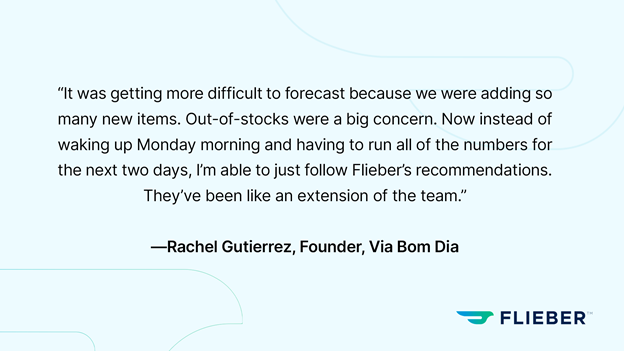 Rachel Gutierrez's testimonial, founder of Vida Bom dia telling her experience in optimizing forecasts following Flieber's recommendations